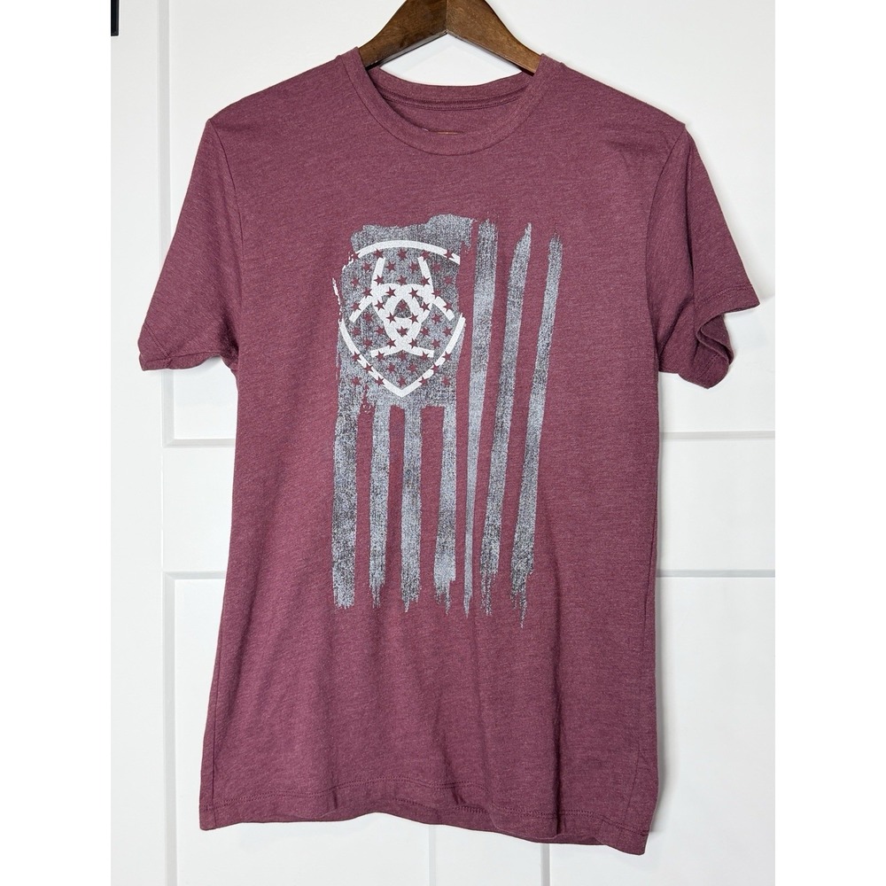 Ariat Shield Flag T-Shirt Men's Small Burgundy Heather Western USA Graphic